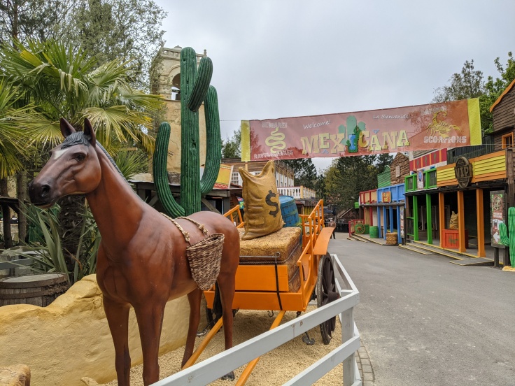 Mexicana at Chessington showing horse and cart theming and banner
