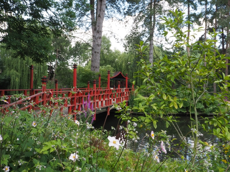 View of Jubilee Gardens with an oriental style bridge and trees in the foreground
