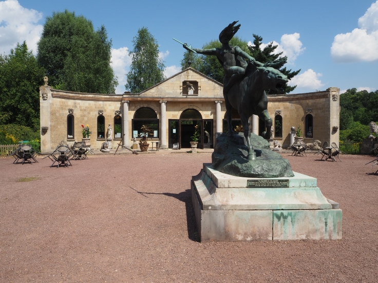 The Pavilion at Beale Wildlife Park with a statue of a Valkyrie in the foreground